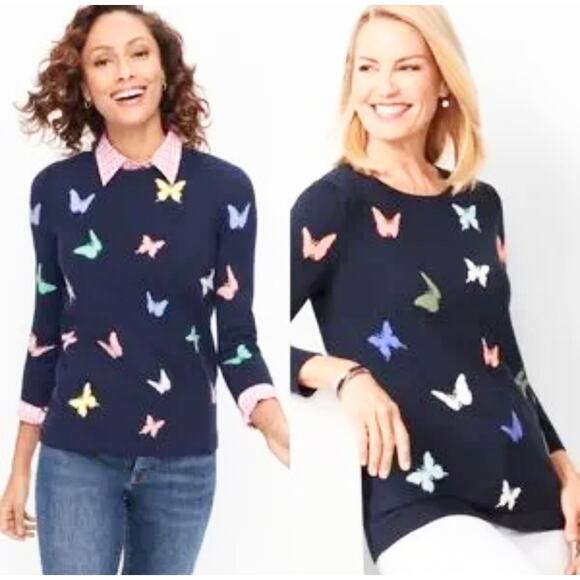 Talbots Sweaters - Talbots Navy Blue Butterfly Intarsia Crewneck Long Sleeve Sweater Size Small